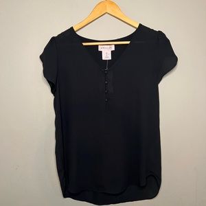 NWT Black slightly sheer flutter cap sleeve blouse.